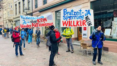 Mit Transparenten ziehen Klettersportler durch die Fußgängerzone in Baden-Baden. Sie demonstrieren gegen die geplante ganzjährige Sperrung der Badener Wand im beliebten Klettergebiet Battertfelsen. 