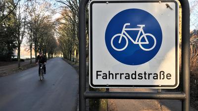 Ein Radler fährt auf der Fahrradstraße in der Lichtentaler Allee Baden-Baden.