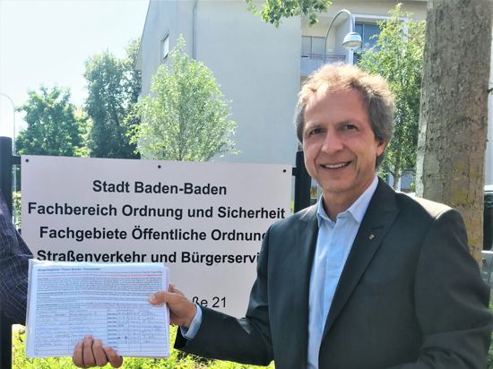 Baden-Badens Bürgermeister Roland Kaiser nimmt eine Unterschriftenliste entgegen.,