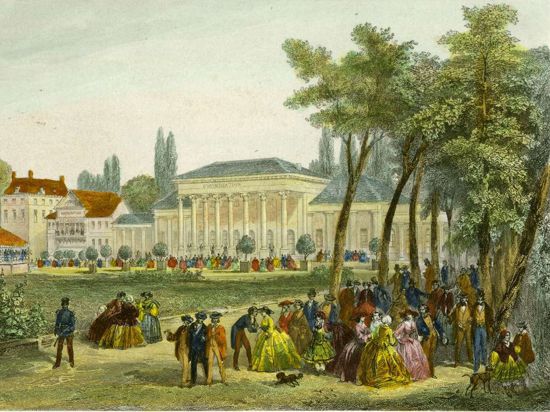 Elegante Menschen vor dem Kurhaus in Baden-Baden um 1860.