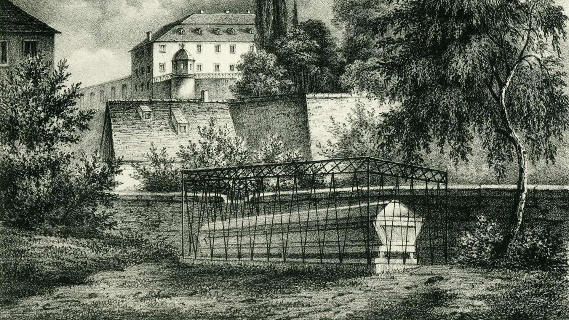 Blick vom Alten Friedhof Baden-Baden zum Neuen Schloss um 1830.