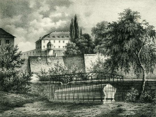 Blick vom Alten Friedhof Baden-Baden zum Neuen Schloss um 1830.