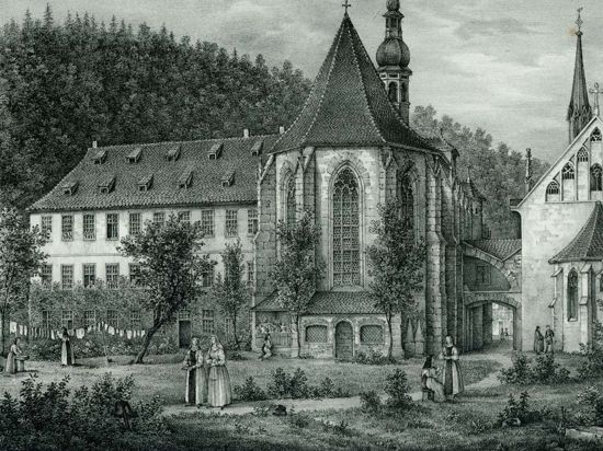 Nonnen im Garten von Kloster Lichtenthal auf einer Zeichnung von 1833.