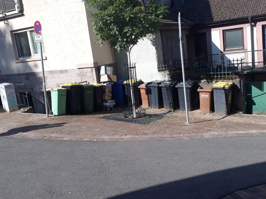 Eine Straße, an der viele Mülltonnen nebeneinander stehen. 