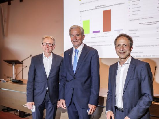 Dietmar Späth (Mitte), Bürgermeister Alexander Uhlig (links) und Kandidat Roland Kaiser stehen vor der Projekton der Ergebnisse zur OB-Wahl Baden-Baden im Ratsaal.