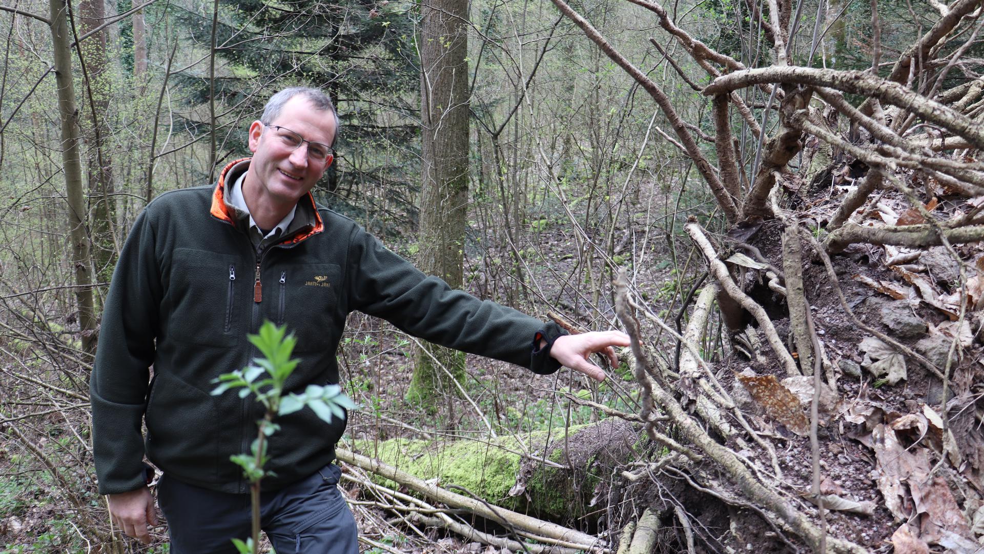 Baden-Badens Forstamtsleiter Thomas Hauck lässt auch umgestürzte Bäume teils im Wald liegen, denn sie sind wichtige Wasserspeicher.