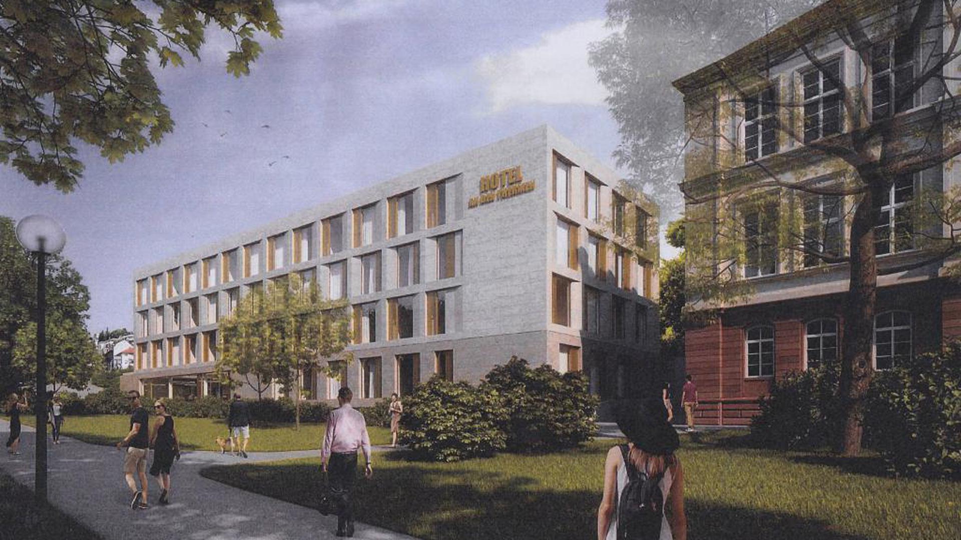 Der geplante Neubau in Baden-Baden in der Nachbarschaft des Gymnasiums Hohenbaden (rechts) auf dem Areal des alten Gefängnisses.