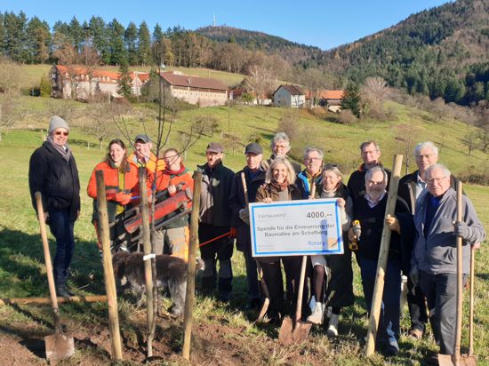 Mitglieder des Rotary-Clubs Baden-Baden Merkur hatten viel Spaß dabei, im Sinn der Nachhaltigkeit sechs Obstbäume auf dem Schafberg zu pflanzen.             