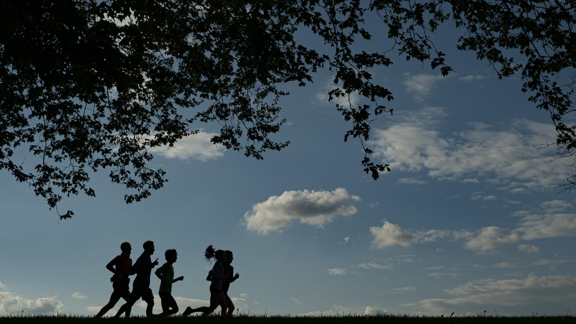 Menschen joggen, während die Sonne an einem klaren Frühlingstag untergeht. +++ dpa-Bildfunk +++
