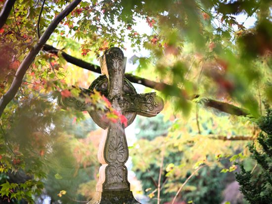 Ein Grabstein steht zwischen Bäumen auf dem Hauptfriedhof. Margarete Schmollinger-Brenner und ihr Mann Hans Brenner haben die Patenschaft für zwei Gräber übernommen und pflegen diese. (zu dpa «Grabpaten gesucht - Grabpflege als ausgefallenes Hobby») +++ dpa-Bildfunk +++