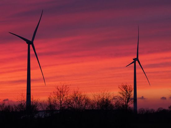 Windräder sind vor dem rötlich gefärbten Abendhimmel zu sehen.