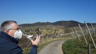 Verwilderte Flächen: Arnulf Faller zeigt von Bühlertal auf die dunklen verbuschten Rebflächen auf dem gegenüber liegenden Grenisberg.
