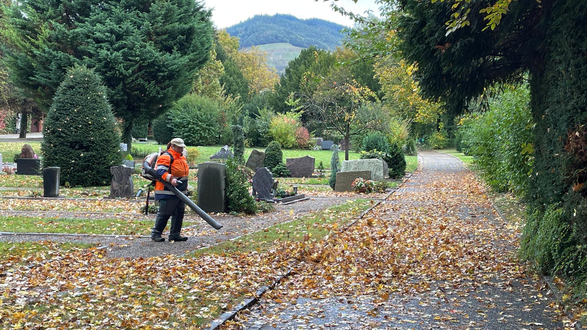 Eine Mitarbeiterin entfernt Laub auf dem Friedhofsweg mit einem Laubbläser.