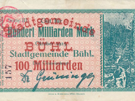 Ein Geldschein über 100 Milliarden Mark als Notgeld der Stadt Bühl 1923.