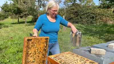 Sonja Schaufler steht mit einer Bienenwabe vor einer Streuobstwiese