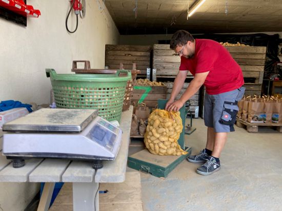 Marius Knopf wiegt einen Sack Kartoffeln 