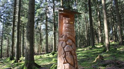 Baumstumpf im Wald, der zu einer Eulenskulptur umgearbeitet wurde.
