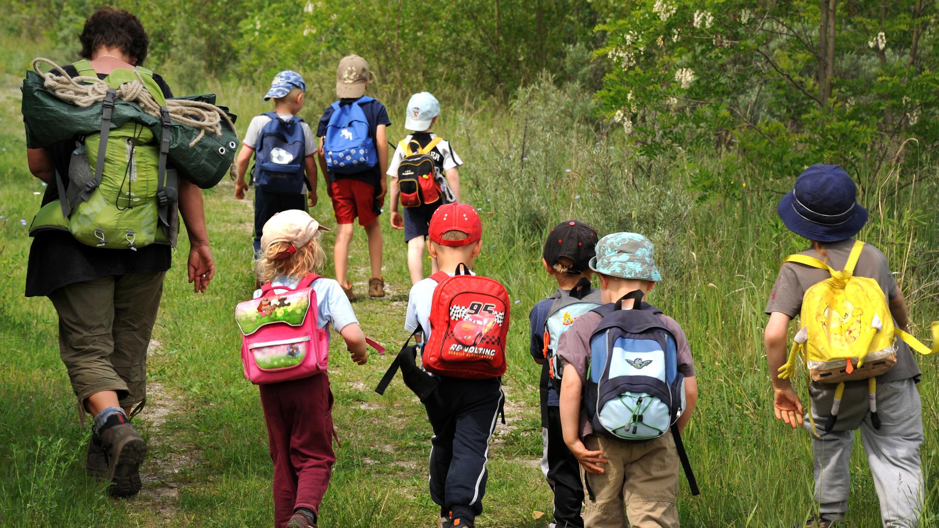 ILLUSTRATION - Kinder streifen mit ihrer Erzieherin durch den Wald. Rund 80 Waldpädagogen bringen Kinder in Niedersachsen wieder unter Bäume und machen einen bedrohten Lebensraum erfahrbar. +++ dpa-Bildfunk +++