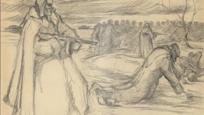 Auf einer Zeichnung bewacht ein Soldat einen am Boden liegenden Mann.