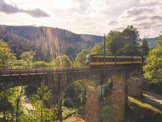 Murgtalbahn fährt über eine Brücke.