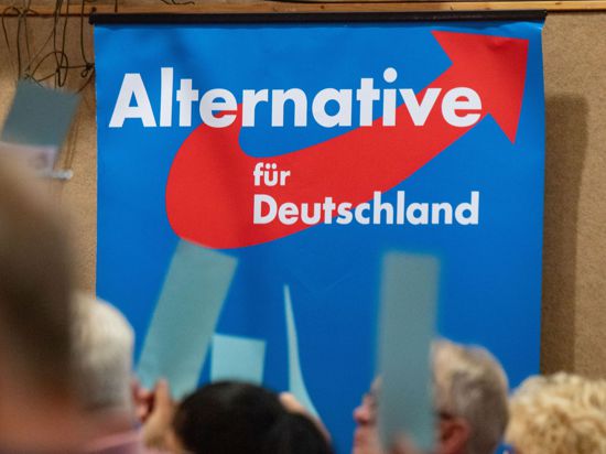 Auf einem AfD-Parteitag hängt ein Plakat mit dem Schriftzug „Alternative für Deutschland“.