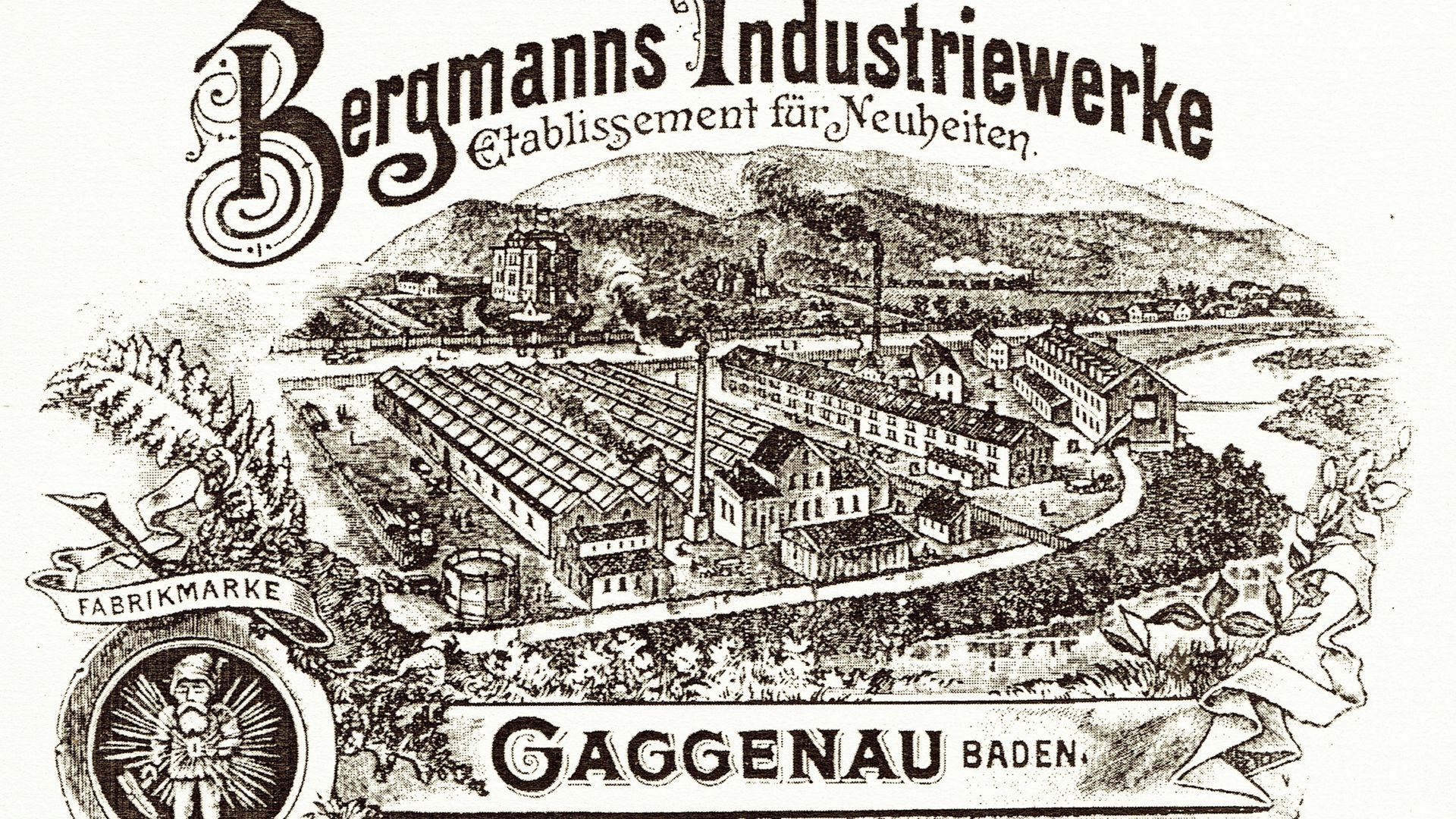 Ansicht der „Bergmanns Industriewerke“ in einem Fahrzeugkatalog von 1898 mit Inanspruchnahme künstlerischer Freiheiten, denn auf dem Gelände des späteren Lastwagen- und Unimog-Versuchs hatten zwischen Kanal und Hauptstraße so viele Gebäude keinen Platz. 