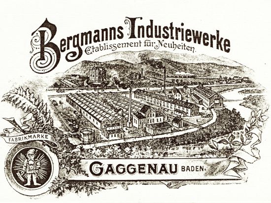 Ansicht der „Bergmanns Industriewerke“ in einem Fahrzeugkatalog von 1898 mit Inanspruchnahme künstlerischer Freiheiten, denn auf dem Gelände des späteren Lastwagen- und Unimog-Versuchs hatten zwischen Kanal und Hauptstraße so viele Gebäude keinen Platz. 