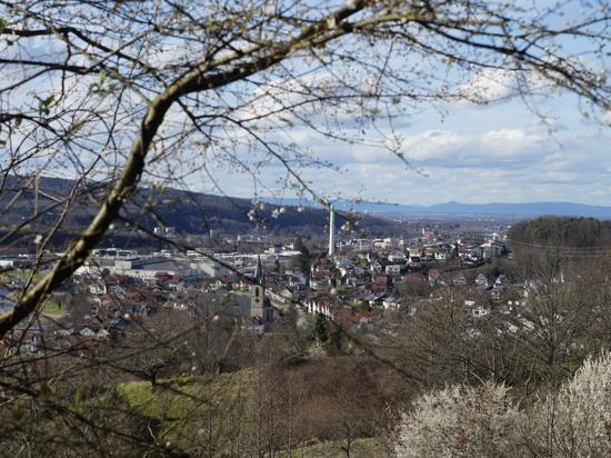 Blick auf Ottenau am 25. Februar: Vom Scheibenberg in Hörden über die weiß blühenden Bäume hinweg.