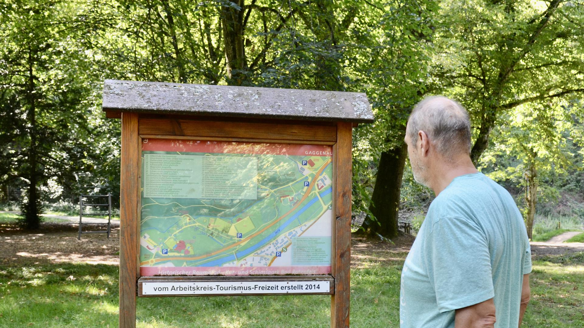 Die Stationen des Historischen Baumpfads im Kurpark Bad Rotenfels sind schon mit Schildern ausgestattet, auf denen ein QR-Code abgescannt werden kann. Die Übersichtstafel muss noch auf den neuesten Stand gebracht werden.
