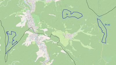 Ausschnitt aus einer Landkarte mit drei umgrenzten Gebieten: Vattenfall Europe Windkraft GmbH den Zuschlag für eine Fläche in Obertsrot (links) sowie für zwei Flächen auf Gemarkung des Ortsteils Reichental erhalten