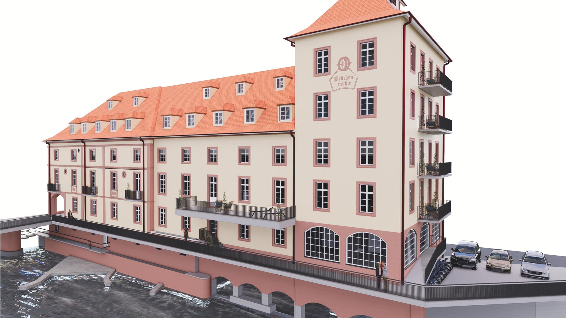 Eine digitale Visualisierung der künftigen Brückenmühle in Gernsbach. 