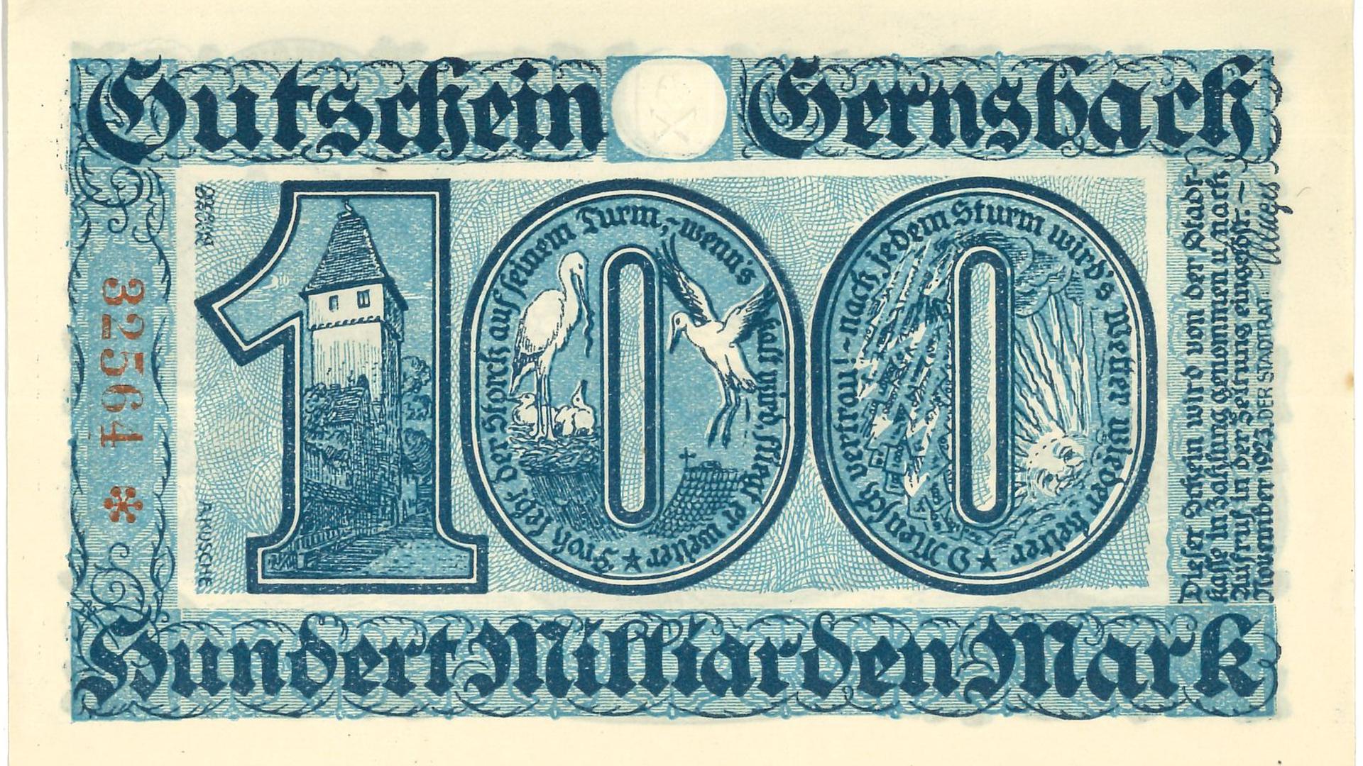 Illustration Vorder- und Rückseite des 100-Milliarden-Scheins der Stadt Gernsbach