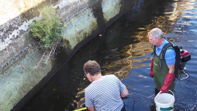 Zwei Männer beim Abfischen im Pfleiderer-Kanal.