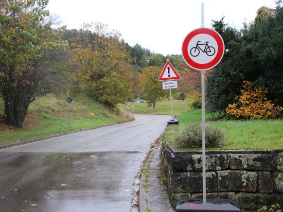 Straße mit Radfahrverbot-Schild.