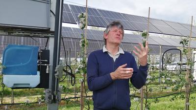 Hansjörg Vollmer erklärt die Technik der Agri- Photovoltaikanlage       