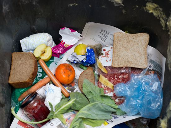 Lebensmittel liegen in einer Mülltonne.