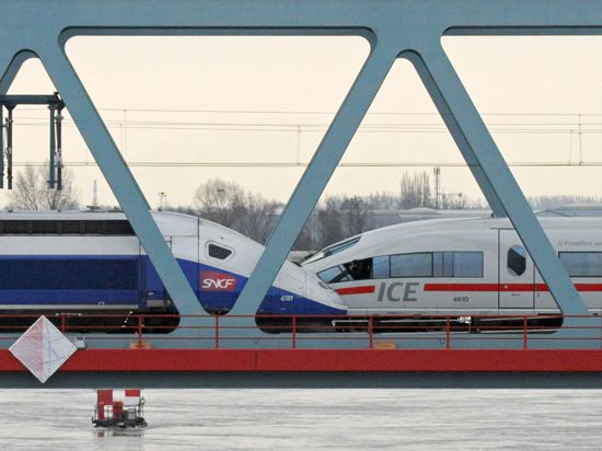 Ein TGV und ein ICE stehen auf der Neuen Rheinbrücke in Kehl.