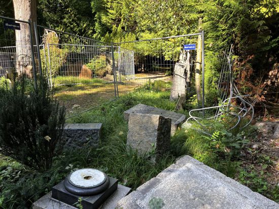 Ein Bauzaun sperrt auf dem Illenauer Friedhof die Gefahrenstelle ab