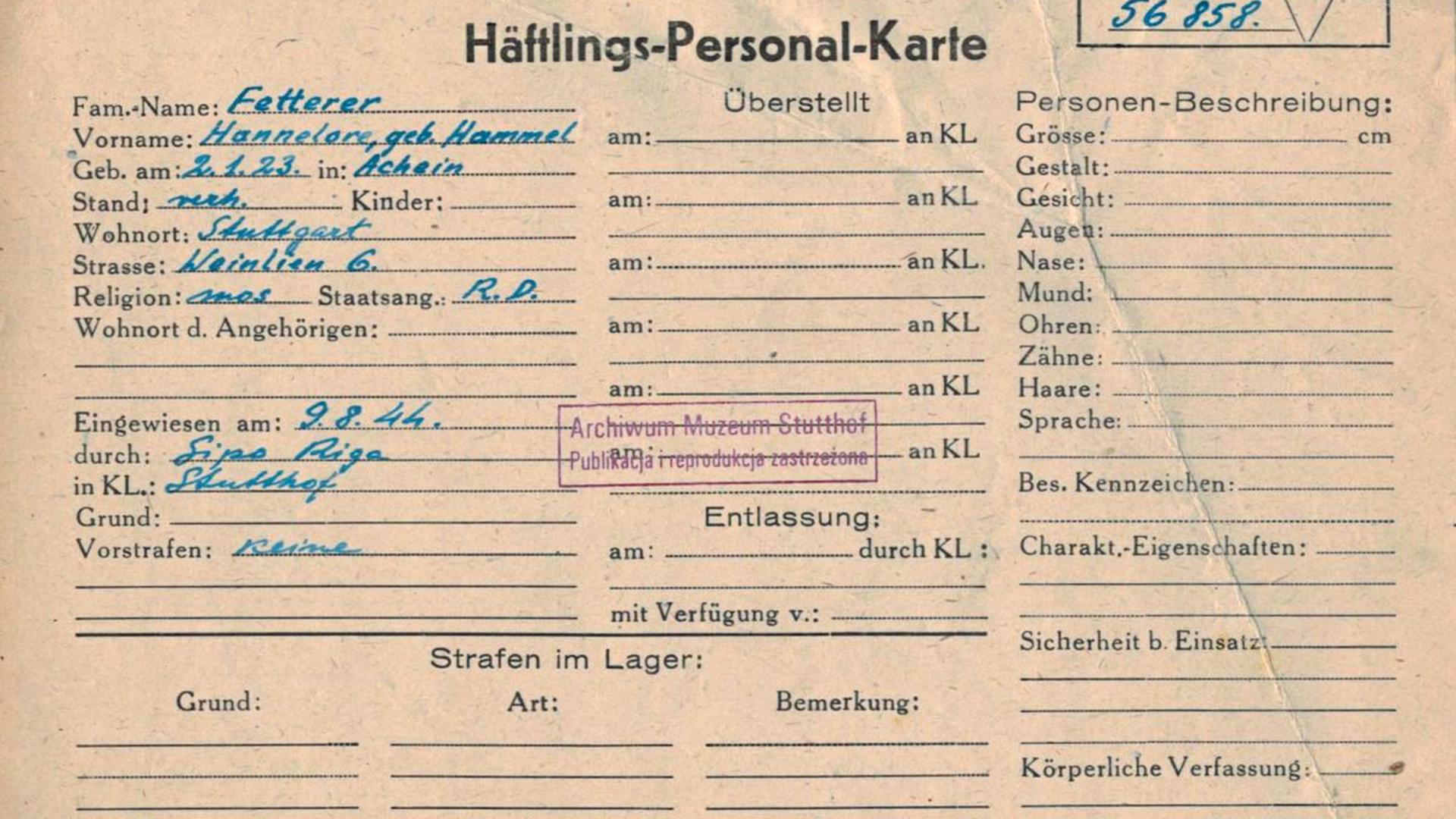 Häftlingskarte Hannelore Hammel