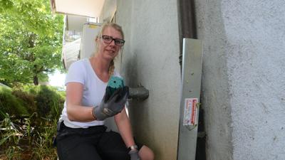 Prisca Göhlich kontrolliert in Achern einen Behälter mit Rattengift