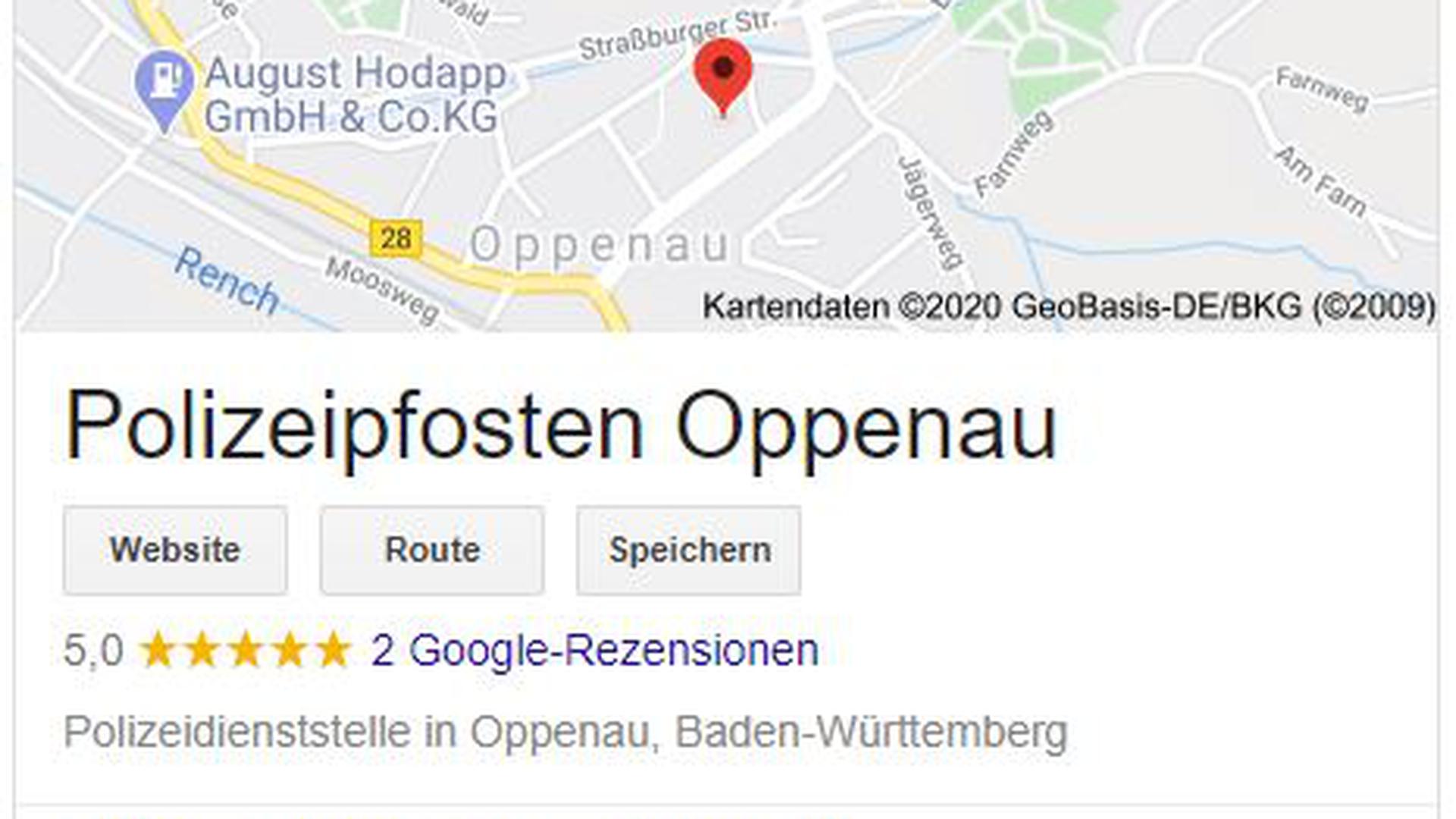 Zu sehen ist ein Screenshot des Google-Beitrags, der „Polizeipfosten Oppenau” heißt.