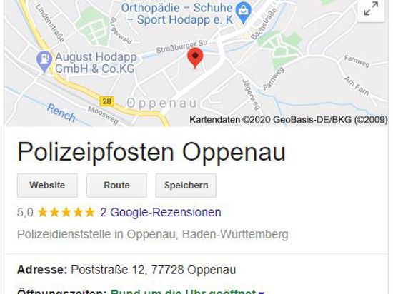 Zu sehen ist ein Screenshot des Google-Beitrags, der „Polizeipfosten Oppenau” heißt.