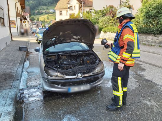 Feuerwehrmann kontrolliert ausgebrannten Motorenraum eines Autos.