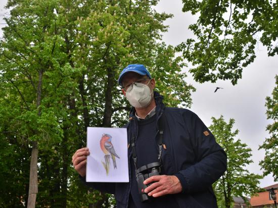 Ein Mann hält das Bild eines Vogels in der Hand