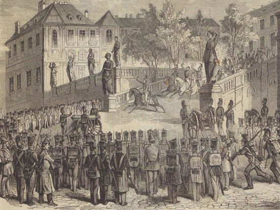 Szene aus Rastatt bei Beginn des Soldatenaufstands im Mai 1849.