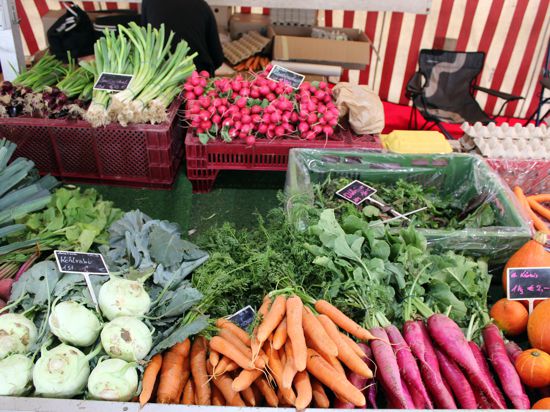 Gesunde Vielfalt an einem Rastatter Marktstand: Auch AOK-Ernährungsberaterin Beate Benning-Gross rät zu frischen, selbstzubereiteten Mahlzeiten mit viel buntem Gemüse. 