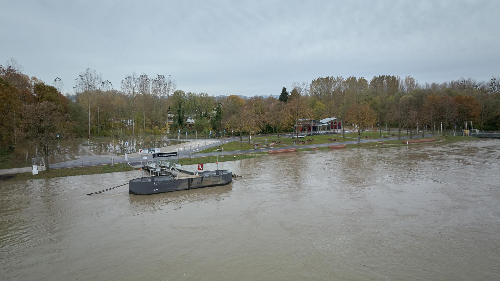 Hochwasser an der Rheinpromenade bei Plittersdorf: Eine akute Gefahrenlage besteht nicht. 