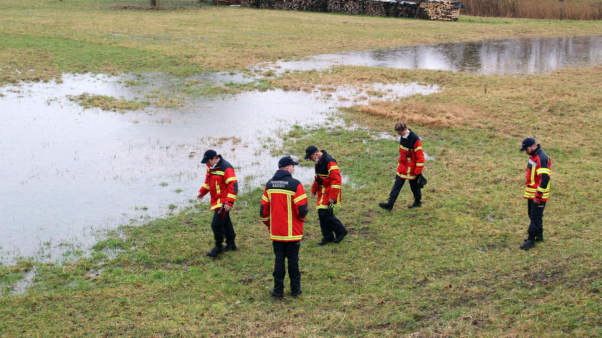 Dammkontrolle: In Fünfer-Teams kontrolliert die Feuerwehr den Zustand der Dämme. Das Wasser auf dieser Wiese kommt aber nicht aus dem Damm, sondern aus dem Boden und sammelt sich in Quelltöpfen.