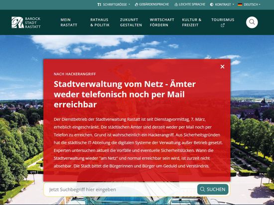 Ein Screenshot der Homepage der Stadt Rastatt mit einem Hinweis auf einen Hackerangriff.