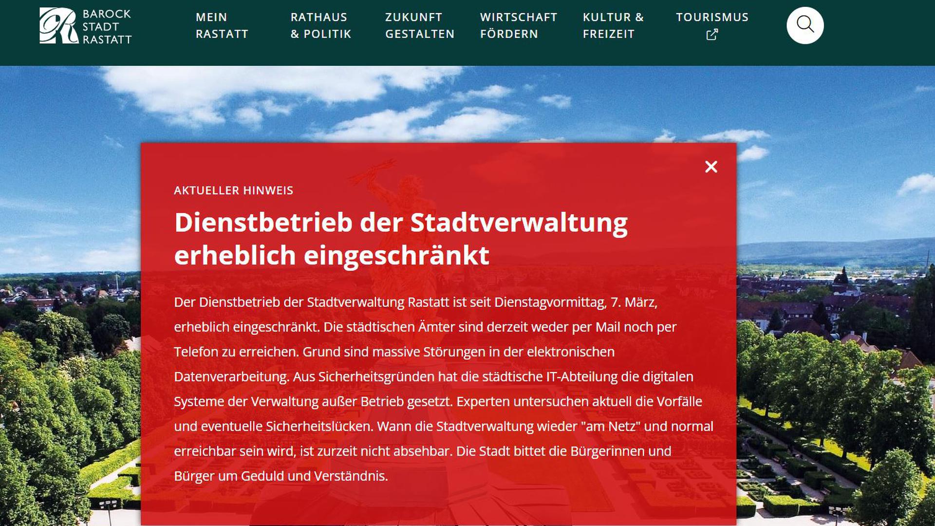 Ein Screenshot der Homepage der Stadt Rastatt mit einem Hinweis auf Netzwerkprobleme.